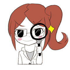 白衣を着た女性が虫眼鏡を覗いている