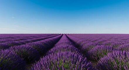 Expansive lavender field stretches to the horizon under a clear blue sky, showcasing rows of purple blooms.