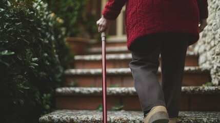 Senior citizen struggling to climb stairs with a cane, on blurred background