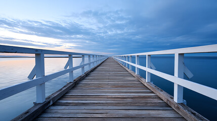 Obraz premium A serene wooden pier stretches across calm waters under a peaceful sky, inviting tranquility and reflection in nature's embrace.