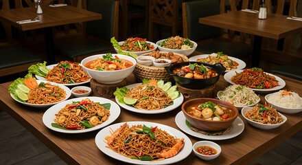 Obraz premium An Abundant Display of Thai Cuisine Ready to Savor in a Restaurant Setting Ambiance