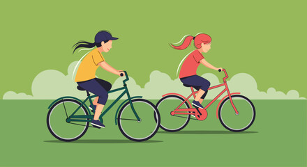 Fototapeta premium Two young children enjoying a leisurely bicycle ride through a grassy park on a sunny day