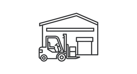 Forklift Truck in Front of Warehouse Building, Line Art.