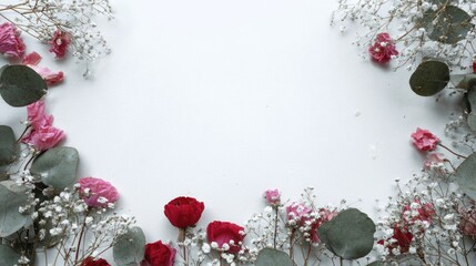 Floral Arrangement with Pink Red and White Flowers Eucalyptus Leaves on White Background