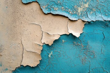 Obraz premium Close-up of a wall with peeling beige and blue paint revealing cracked and flaking surfaces showing texture and decay