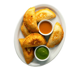 fried empanandas with green and red sauce