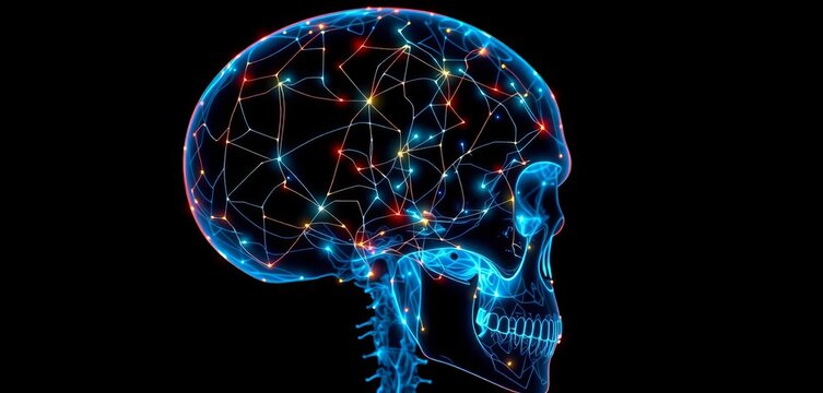 Intricate glowing lines forming a complex network within a human skull silhouette,  mind,  bright
