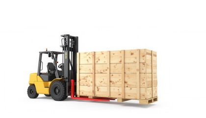 Yellow forklift lifting wooden pallet with large crate indoors  