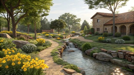 Obraz premium Peaceful garden path: A serene landscape with a winding stone path leading through a lush garden with a gentle stream and a charming house in the background.