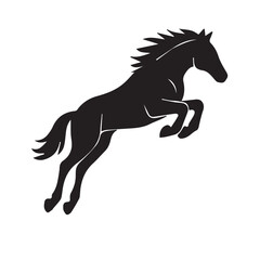 Vector drawing of horse silhouette leaping high, created in monochrome black and white with strong black outline, symbolizing freedom, nobility, strength, and natural beauty.