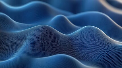 Abstract 3D blue mesh surface with smooth flowing wave-like curves and grid pattern conveying motion and depth
