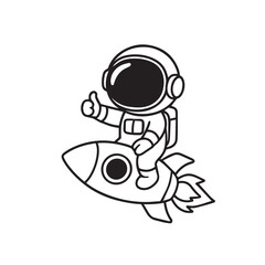Vector illustration of cute astronaut sitting on flying rocket, black and white artwork with bold black outline, symbolizing adventure, exploration, imagination, and playful spirit.