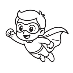 Vector illustration of a cute little child dressed as superhero, black and white artwork with bold black outline, symbolizing innocence, courage, imagination, and playfulness.