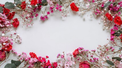 Floral Frame of Red Pink White Flowers on White Background for Celebration or Greeting Card