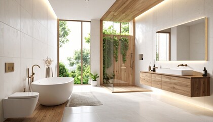 Modern bathroom with shower, bathtub, sink with mirror, toilet, and towel rack, bright lighting, white tiles, high detail ultra realistic render