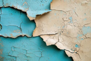 Obraz premium Close-up of peeling and cracked beige paint revealing blue layer underneath on a rough surface with texture and weathered look