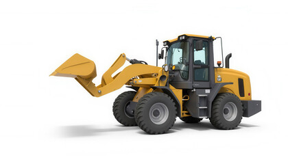 Front loader construction vehicle with yellow bucket on white background  