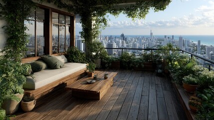 Fototapeta premium Minimalist terrace with green plants and sunlit space