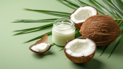 Fresh Coconut with Coconut Milk in Glass Jar and Green Palm Leaves on Light Green Background