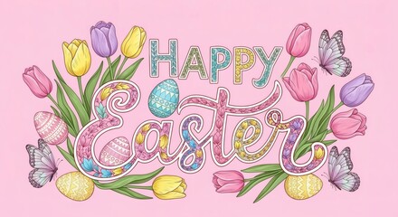 "Happy Easter" is decorated with eggs, tulips, and butterflies on a bright pastel pink background. Holiday concept