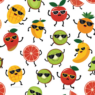 Cartoon fruit characters wearing sunglasses in a fun seamless pattern design, patern seamless, Stock royalty.