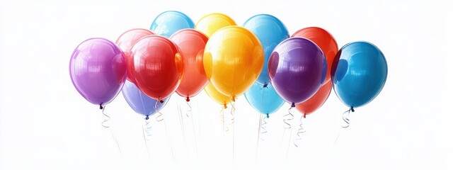 A cluster of colorful shiny balloons floating against a bright white background, evoking a festive and cheerful atmosphere