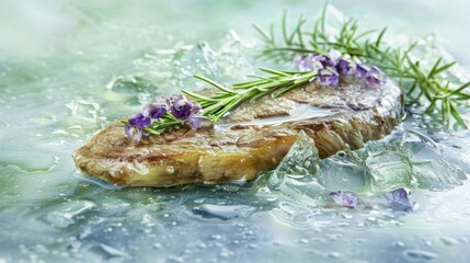 Fresh Fish Fillet Garnished with Lavender and Rosemary on Ice