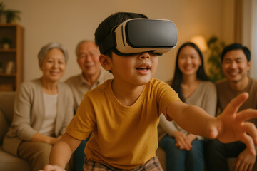 Curious child exploring virtual reality headset at home, joyful multigenerational family watching technology interaction together