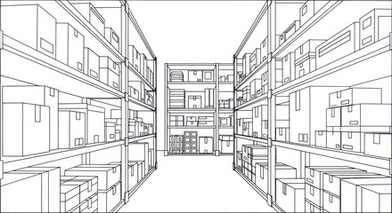 Detailed Warehouse Interior Sketch with Boxes and Shelving.
