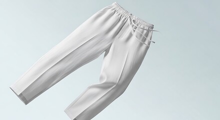 A pair of clean, white trousers with an elastic waistband and drawstring detail floats against a soft, light blue background.
