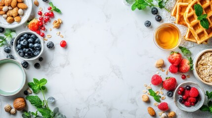 Fresh Fruit and Waffle Breakfast Setup with Milk and Honey on White Marble Background