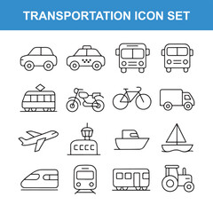 Transportation Icon Set Featuring Various Vehicle Line Art Illustrations