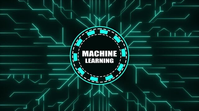 Machine Learning text in a circular emblem against a glowing circuit board background artificial intelligence