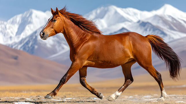 A majestic chestnut horse gallops freely across a plain with snowy mountains behind it. - Powered by Adobe