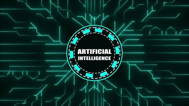 Artificial Intelligence text in a circular frame on a digital circuit board background deep learning