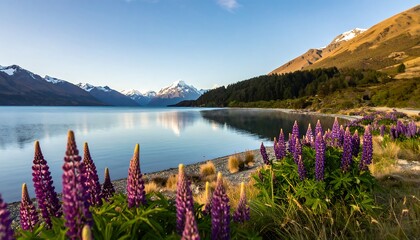 Serene lake surrounded by vibrant flowers and mountains