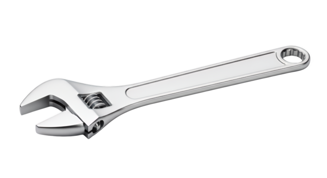 Wrench: A close-up shot of a metallic wrench, isolated and casting a shadow, showcasing its design and utility.