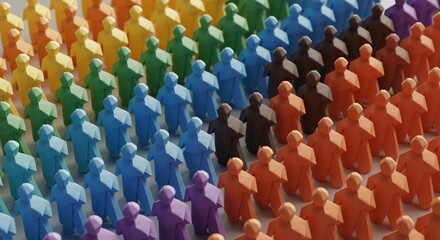 Fototapeta premium Rows of colorful humanoid figures arranged in a vibrant rainbow spectrum, representing concepts of diversity and conformity.