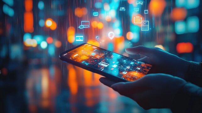 Person holding smartphone with digital data icons floating above screen in a vibrant, colorful futuristic setting