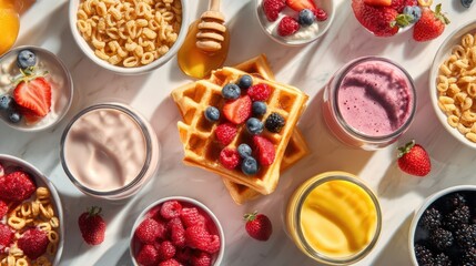 Fresh Fruit Waffles with Berries and Yogurt on Marble Surface