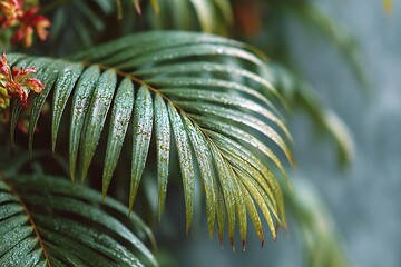 Lush green palm fronds with water droplets and red flowers tropical