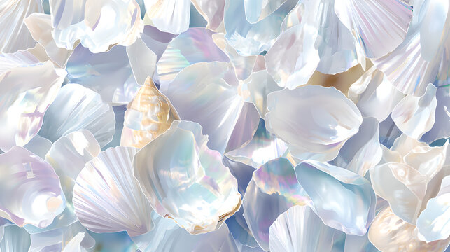 A beautiful, abstract background pattern of broken, iridescent, pastel-colored seashell fragments.