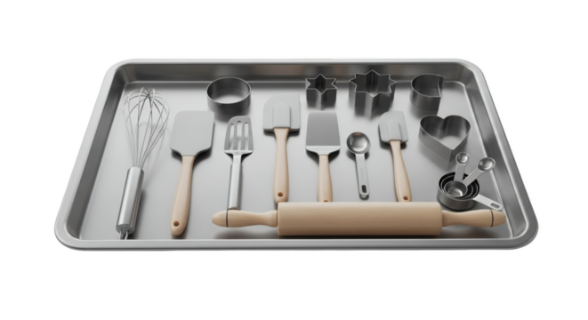 Culinary Ensemble: A curated collection of baking tools rests on a pristine metal tray, presenting the essential instruments for culinary creativity and domestic delight.