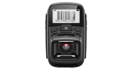 Barcode Scanner: A close-up shot of a handheld barcode scanner, ready to scan, highlighting its sophisticated design and advanced technology