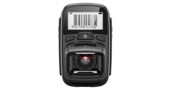 Barcode Scanner: A close-up shot of a handheld barcode scanner, ready to scan, highlighting its sophisticated design and advanced technology