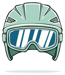 A cartoon illustration of a modern ski helmet with reflective goggles for winter sports