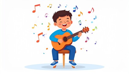 Flat design cartoon of a boy playing acoustic guitar, sitting on a stool, music notes around him, white background