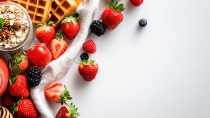 Fresh Mixed Berries and Waffles on White Cloth with Natural Lighting