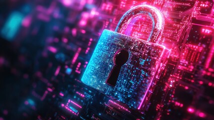 Digital padlock glowing in neon blue and pink surrounded by circuit board patterns symbolizing cybersecurity and data protection