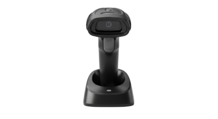 Modern Scanner: A sleek, modern barcode scanner sits on its charging base, ready to streamline operations and provide efficiency in a professional setting.